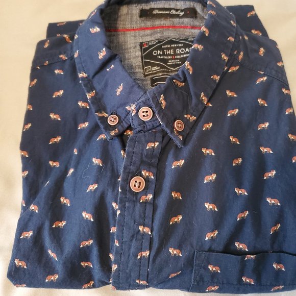 Cactus New York M slim fit long sleeve button down - blue with foxes - Picture 1 of 2